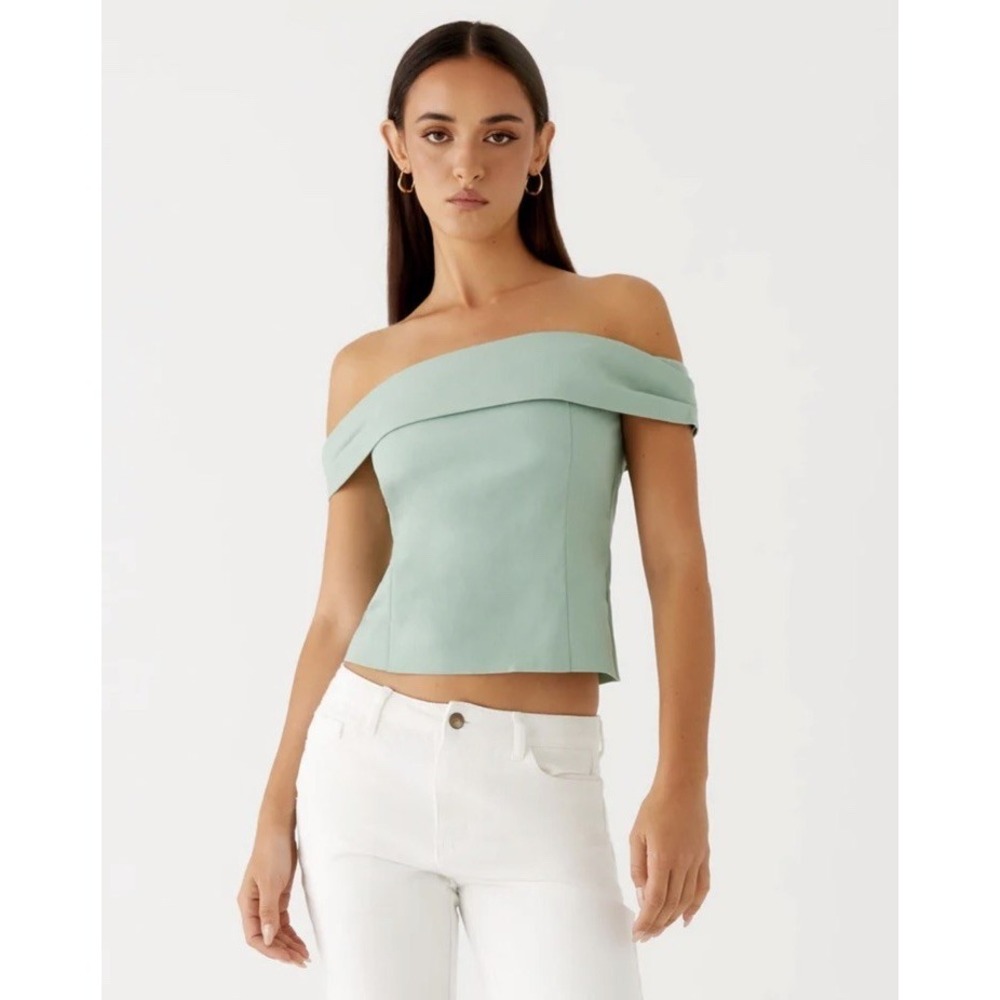 NWT PEPPERMAYO Jairo Linen Blend Top. Sage Green Sz US 6 Medium Off The Shoulder